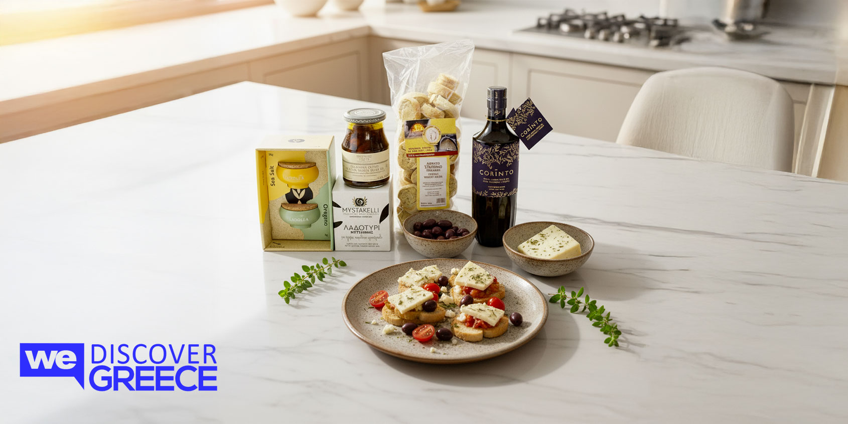 Griekse luxe geschenkmand met ambachtelijke olijfolie, honing en gastronomische lekkernijen in een premium presentatiedoos