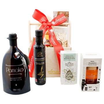 Complete Gourmet Greek Gift Hamper with Authentic Cretan Delicacies. Luxury Cretan food gift basket with PAMAKO olive oil, thyme honey, mountain tea, and artisanal pasta.