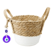 Natural woven Greek basket with white base and hanging evil eye charm, shown empty, ideal for gift presentations or Mediterranean decor.