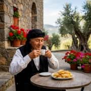 Man in traditional Cretan attire enjoying Simantiraki Xerotigana pastries with coffee in a rustic stone courtyard.