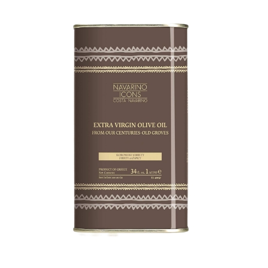 Front view of Navarino Icons 1000ml tin of Koroneiki variety Extra Virgin Olive Oil, highlighting the "Product of Greece" label and traditional pattern design.