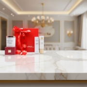 Luxury Greek gift set with organic Labbok face cream, SPF 30, and a personalized candle displayed on a premium marble surface in a high-end interior.