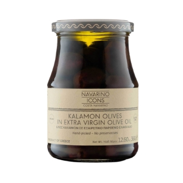 Navarino Icons Kalamon olijven in extra vierge olijfolie, 360 g | Met de hand geplukte olijven uit de Peloponnesus, veganistisch en glutenvrij gastronomisch voorgerecht