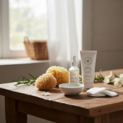 Small facial cleansing sea sponges on a rustic wooden table with natural face scrub and essential oils for an artisanal Greek skincare routine.