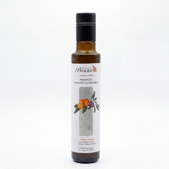 Biolea Organic Condiment Nerantzi 250ml bottle, stone milled Koroneiki olives with bitter oranges from Chania, Crete.