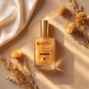 A top-down view of Mastic Spa Shimmering Golden Elixir bottle on a textured beige background with golden light, dried flowers, and silk fabric.