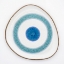 Handmade organic-shaped ceramic plate featuring a turquoise and blue Aegean eye design on white stoneware.