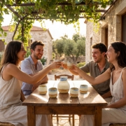 Group of friends toasting with handcrafted ceramic shot glasses during a sunny outdoor lunch in a vineyard.
