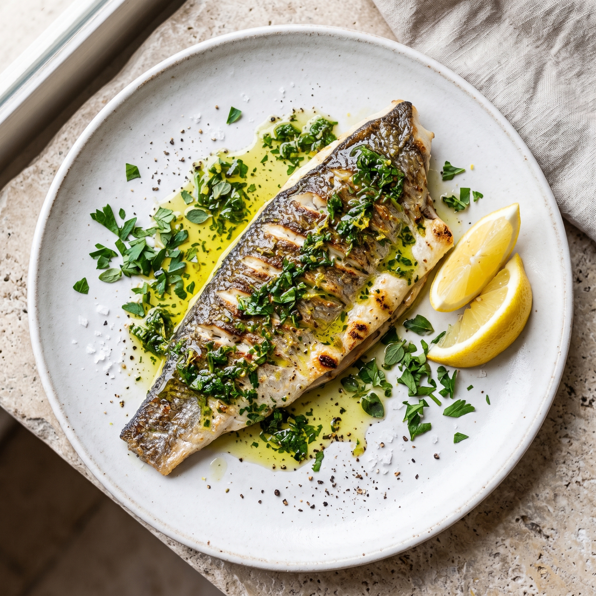 Gegrilde Zeebaars met Tsounati Olijfolie en Citroen-Kruidendressing finished dish serving suggestion