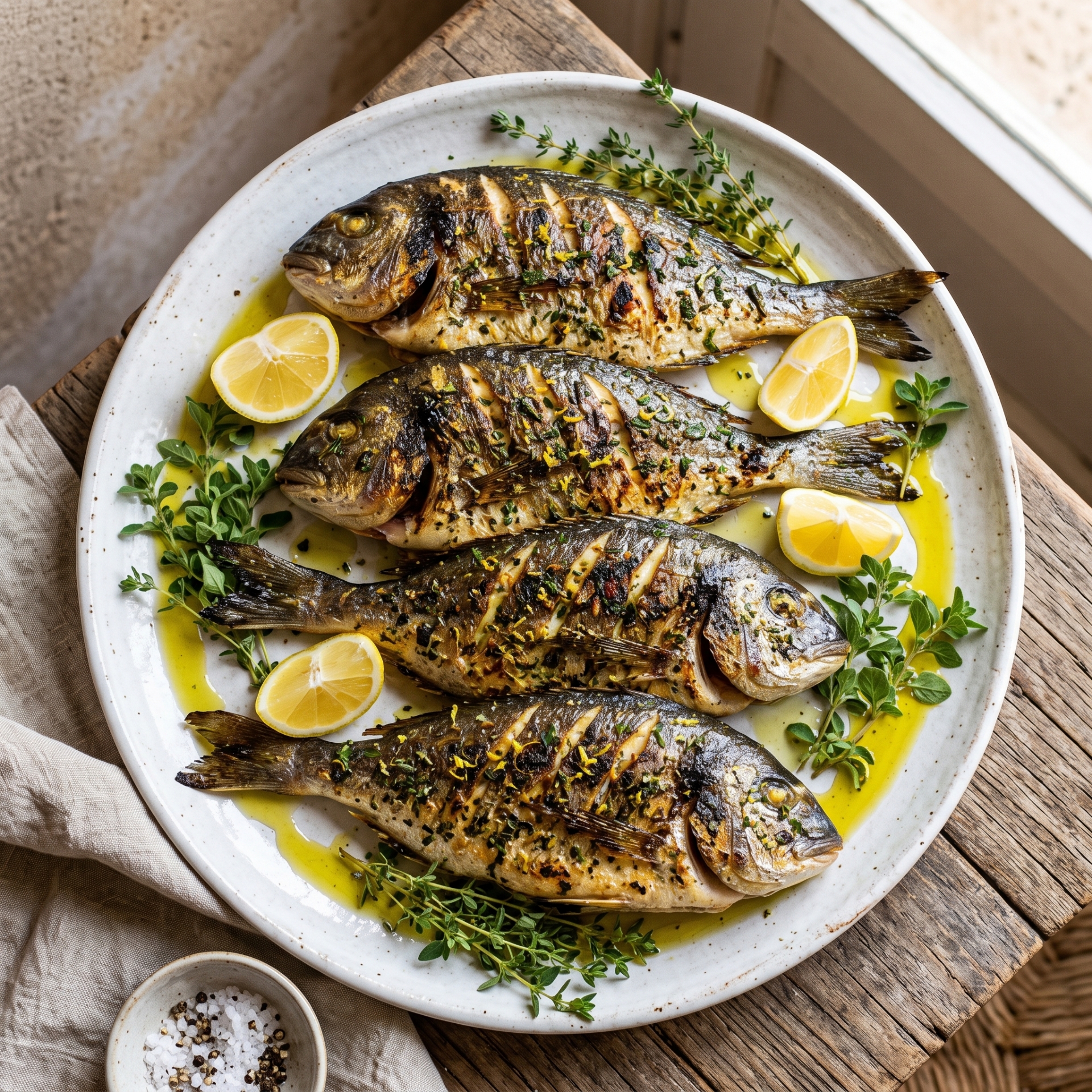 Gegrilde dorade met citroen-kruidenkorst en Biolea olijfolie finished dish serving suggestion