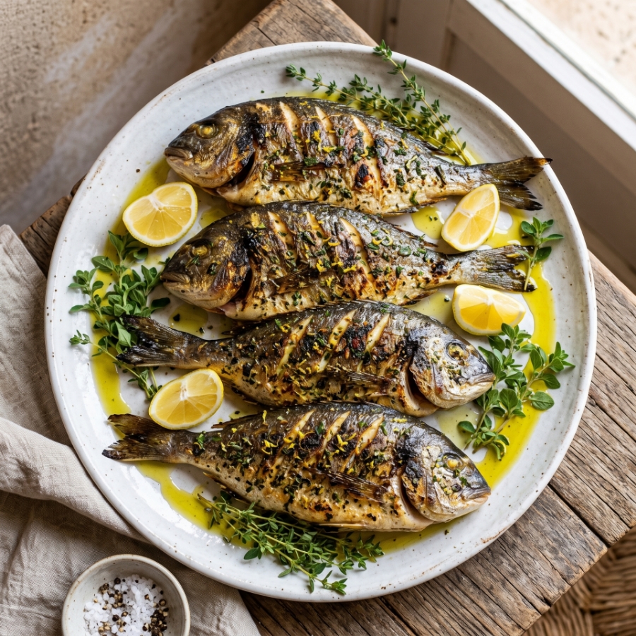 Gegrilde dorade met citroen-kruidenkorst en Biolea olijfolie