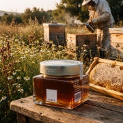 Theta Chamomile Honey with Nutrition per 10g Serving on a clean ecommerce background