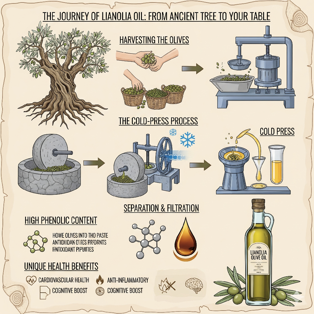 Infographic: De reis van lianolia-olijfolie van boom tot fles, met informatie over de oogst, het koudpersen, de scheiding, het hoge fenolgehalte en de gezondheidsvoordelen.
